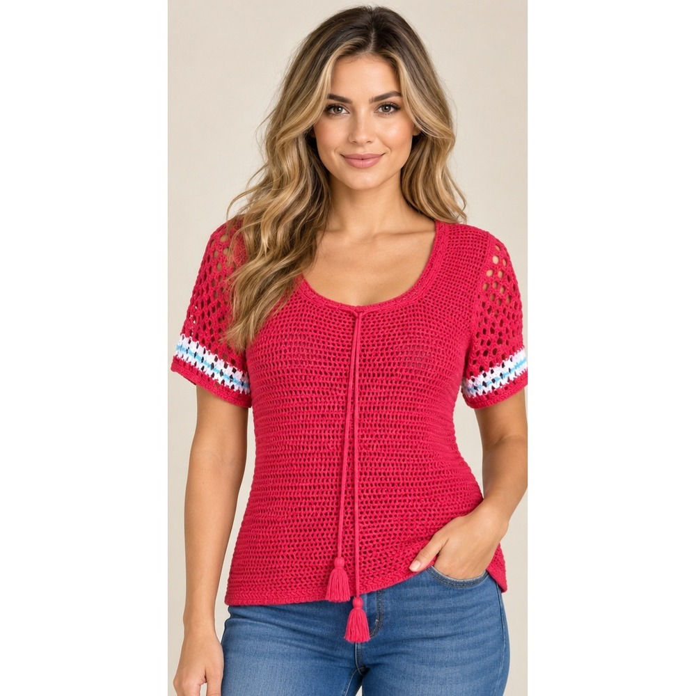 ONeill Women Red Crochet Knit Tassel Tie Short Sleeve Top Medium
